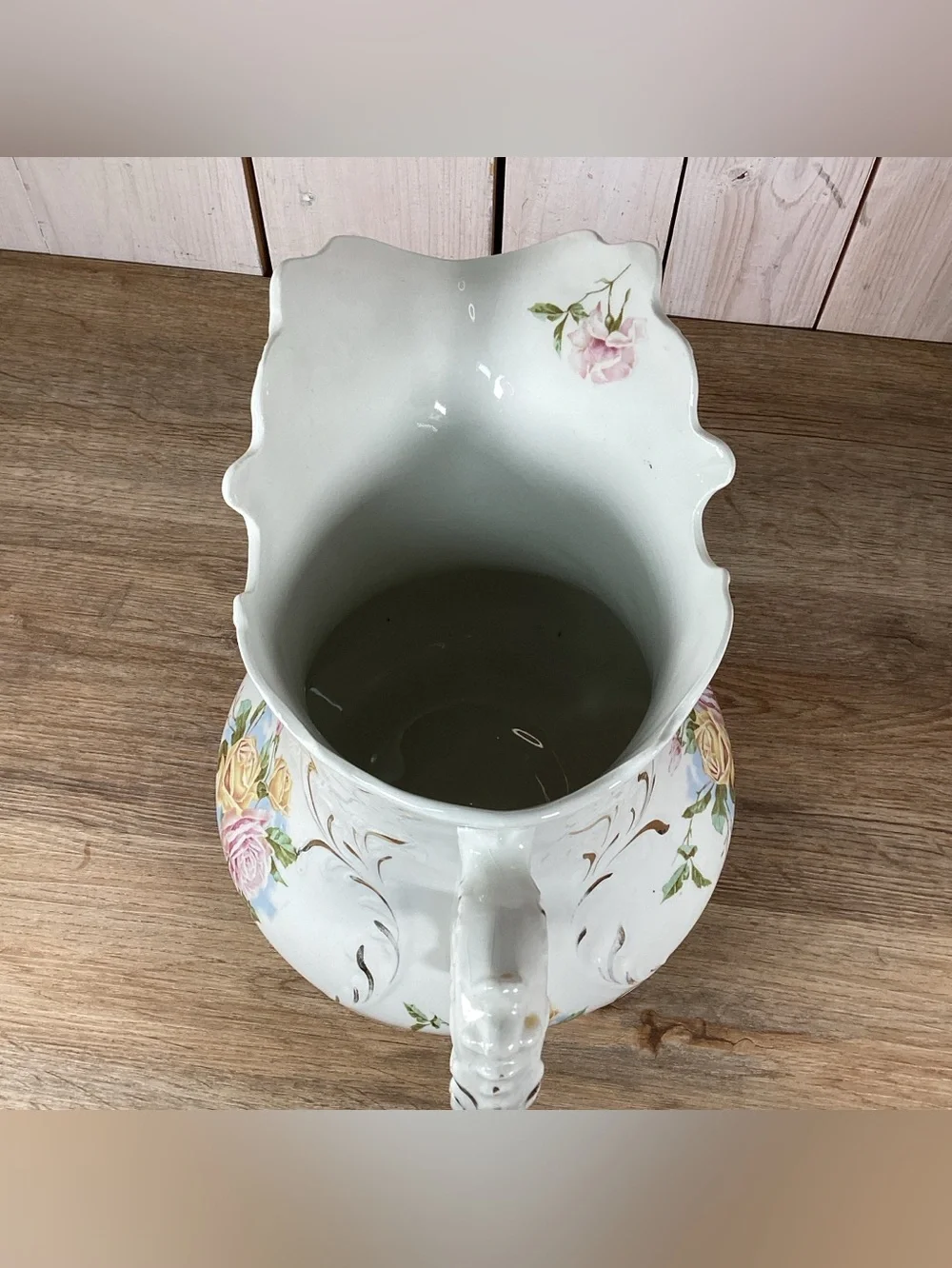 Antique WC Co Semi Porcelain 11” Pitcher Pink & Yellow Roses Gold Leafing Emboss